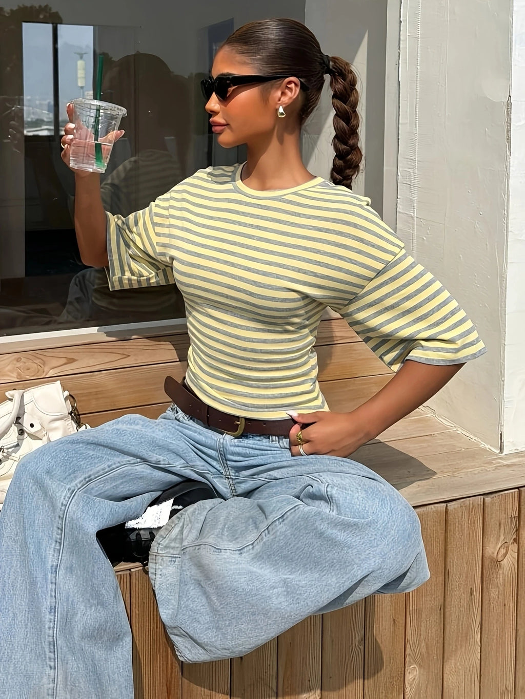 Polyester Striped Short Sleeve Top