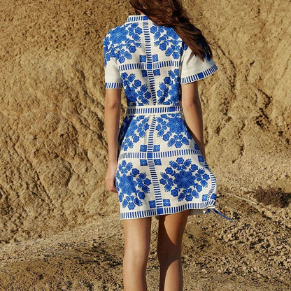 Blue Lace-Up A-Line Dress