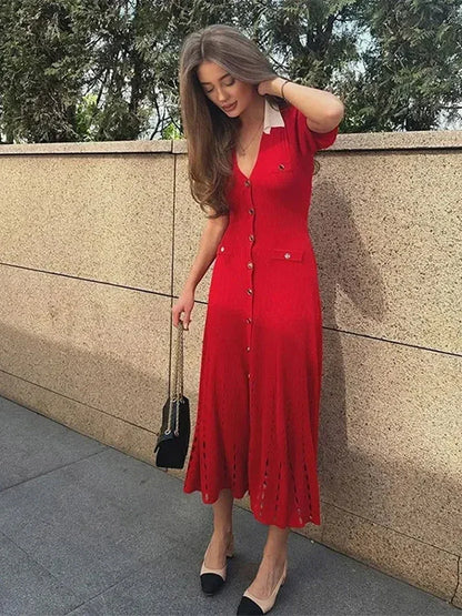 V-Neck Knitted Button Long Dress