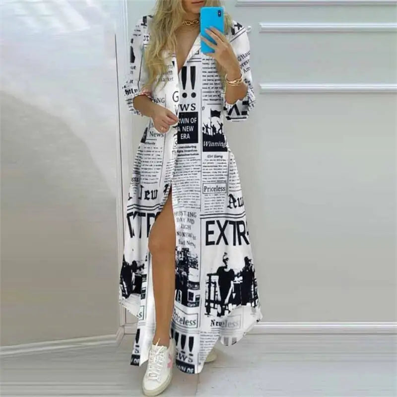 Elegant Printed Long Shirt Dress