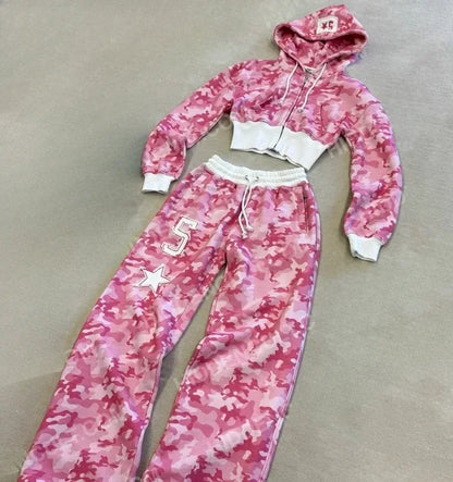 Women’s Y2K Pink Letter Graphic Zipper Sportswear Set