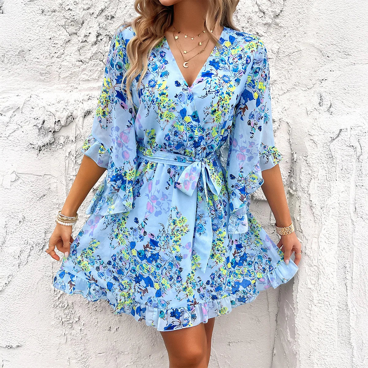 V-Neck Ruffle Floral Dress