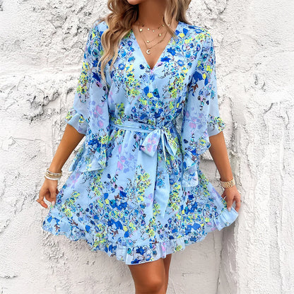 V-Neck Ruffle Floral Dress