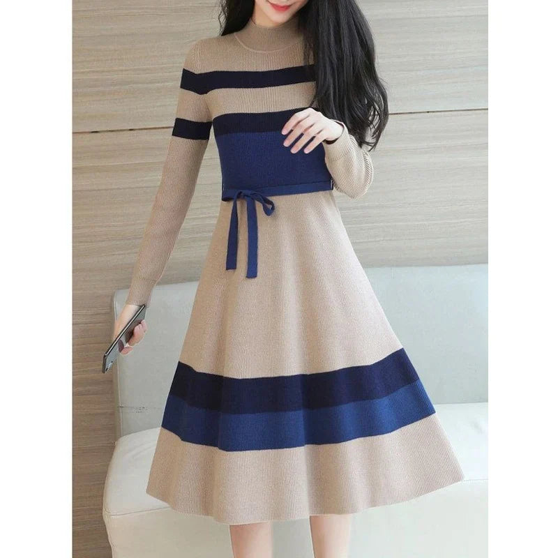 Autumn Winter Elegant Striped Sweater Dress