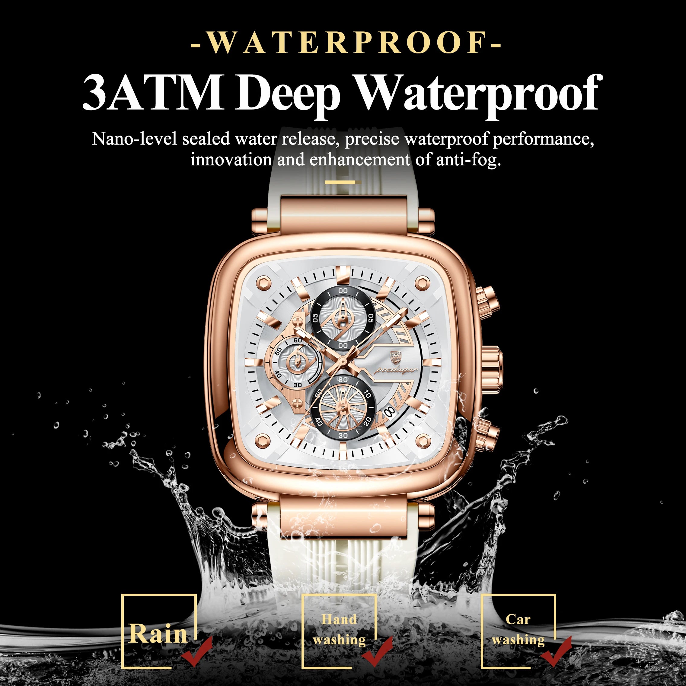 POEDAGAR Square Silicone Sport Watch