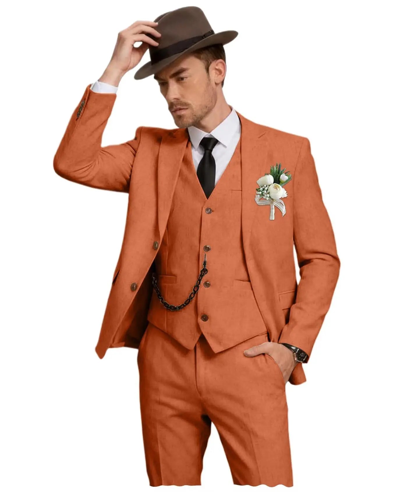 Three-Piece Linen Notch-Lapel Suit