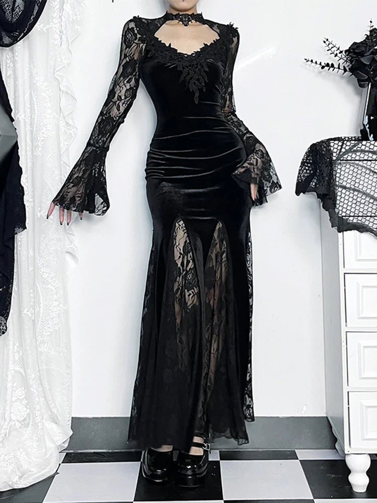 Gothic Lace Patchwork Midi Dress