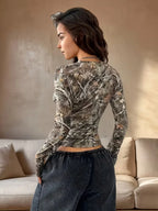 Polyester Botanical Print Long Sleeve Crop Top