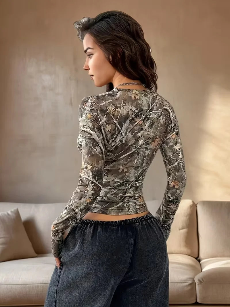 Polyester Botanical Print Long Sleeve Crop Top