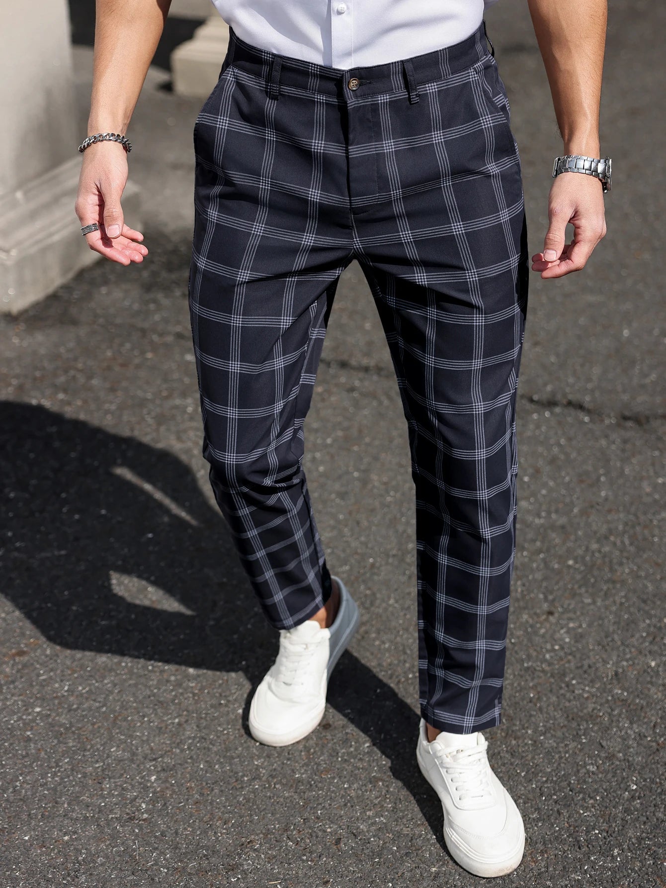 Plaid Tapered Cropped Dress Trousers