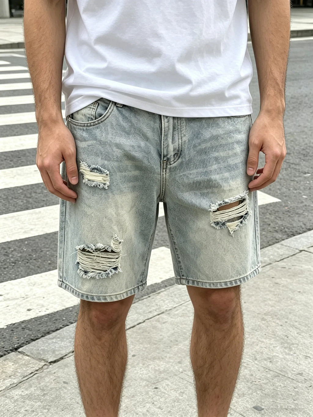 Light Wash Ripped Denim Shorts