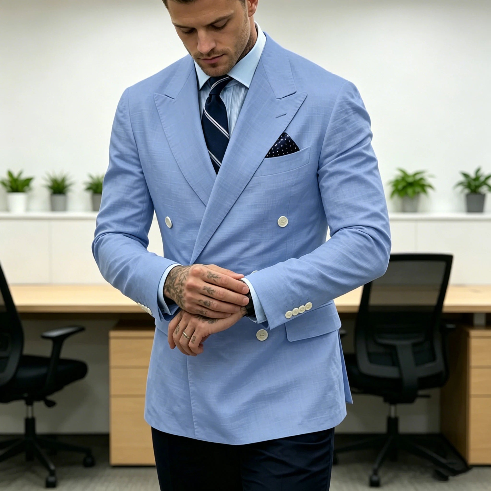 Linen Double-Breasted Slim Tuxedo Blazer
