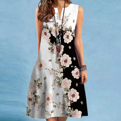 V-Neck Sleeveless Hem Print Dress