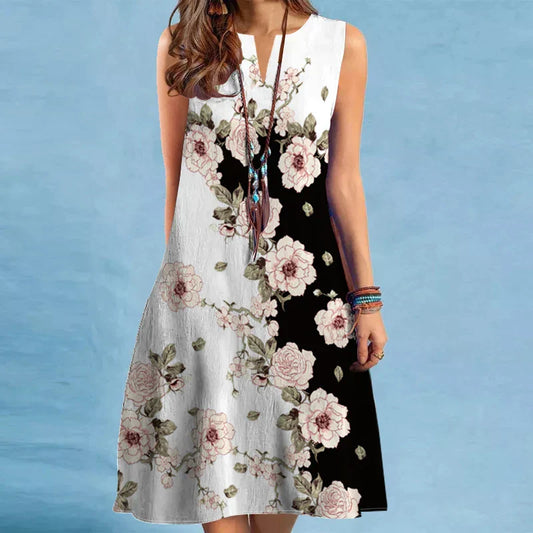 V-Neck Sleeveless Hem Print Dress