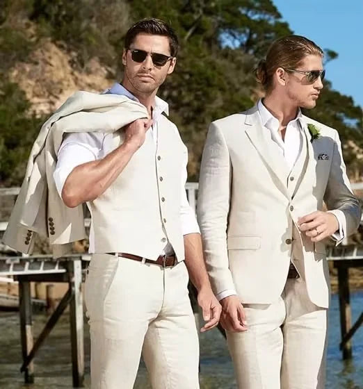 Linen Three-Piece Beach Wedding Tuxedo