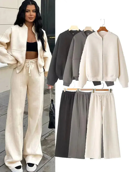 Retro 2-Piece Bomber & Wide-Leg Pants Set
