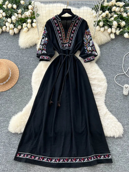 Retro Embroidered V-Neck Dress