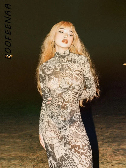 Printed Mesh Maxi Dress