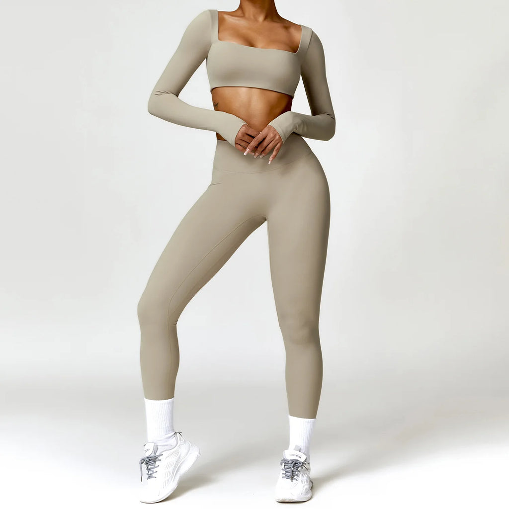 Nylon Solid Long Sleeve Two-Piece Yoga Set
