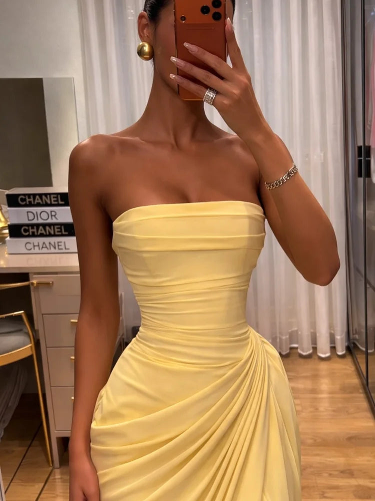 Strapless Pleated Long Dress