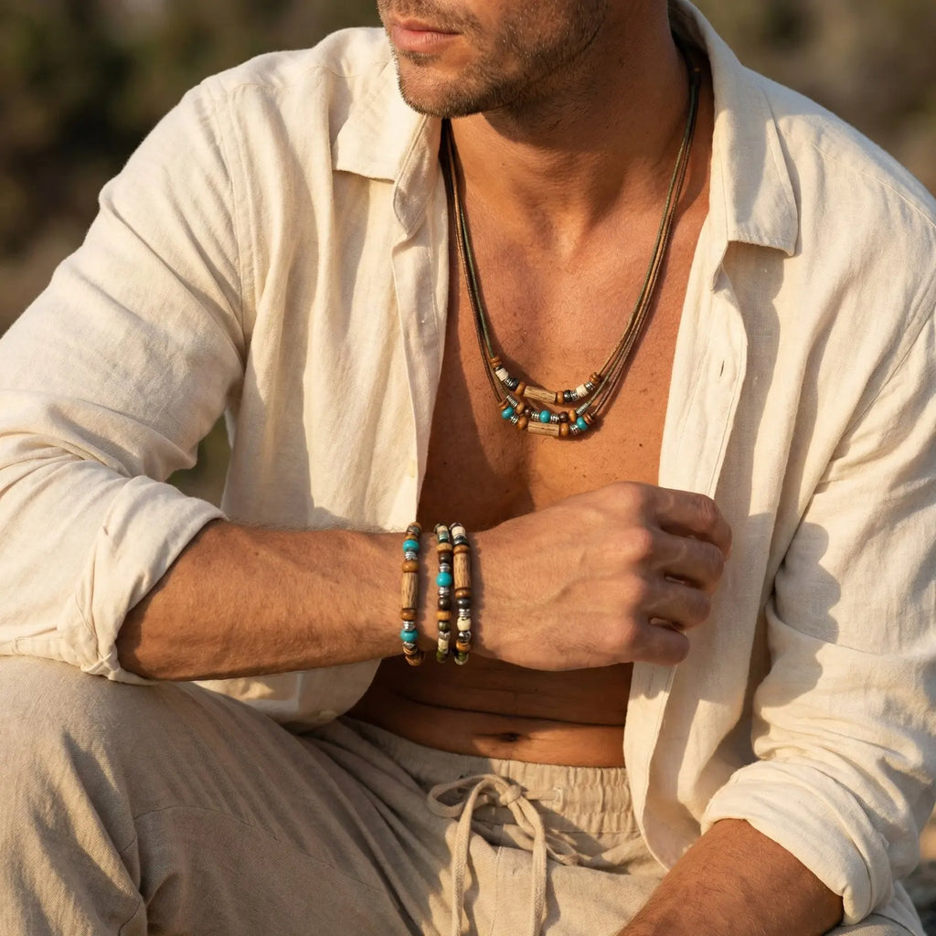 Vnox Wood Bead Necklace Set