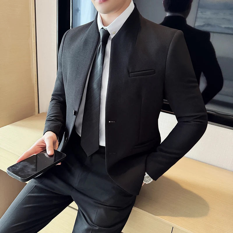 Waffle Stand-Collar Slim Suit Jacket
