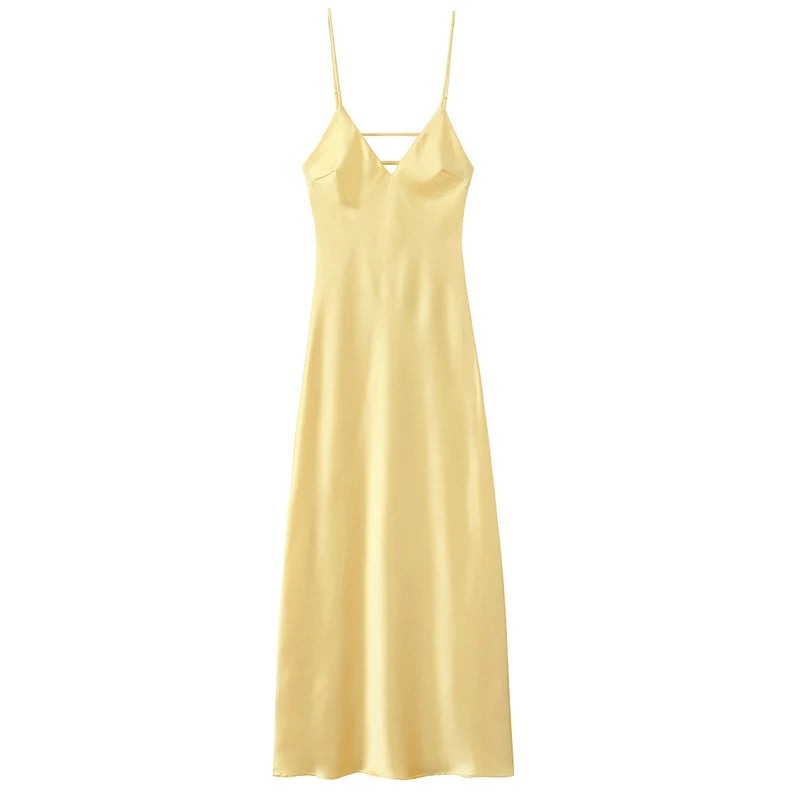Yellow Satin V-Neck Slip Dress
