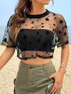 Heart Print Sheer Mesh Crop Top