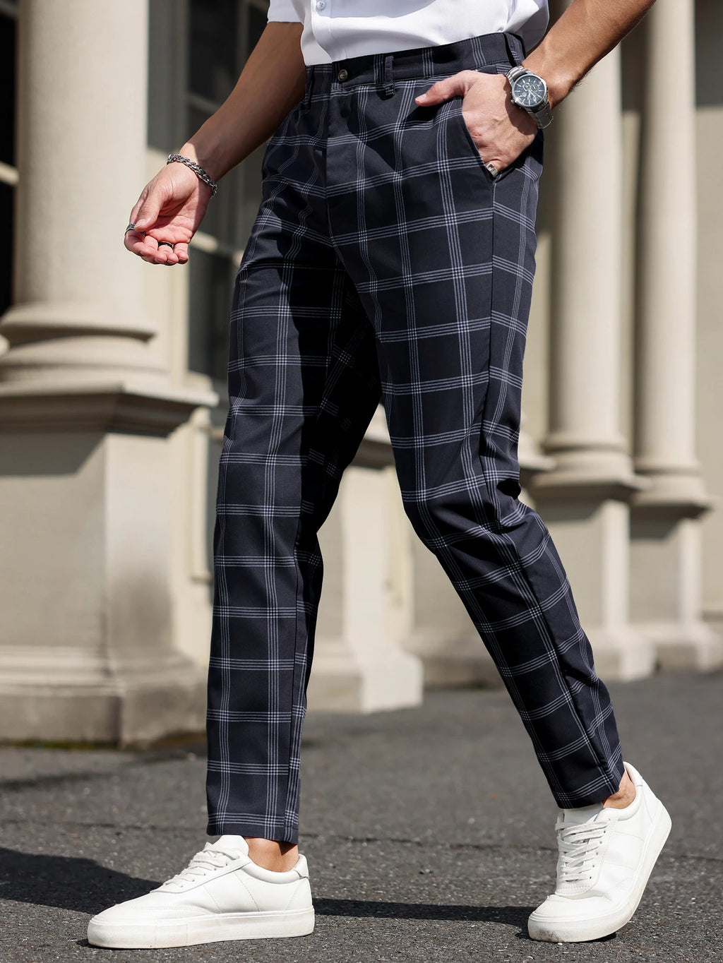 Plaid Tapered Cropped Dress Trousers