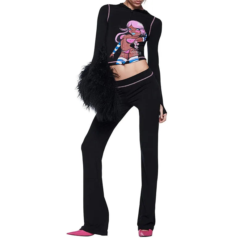 Blended Graphic Print Zip Front Two-Piece Yoga Set
