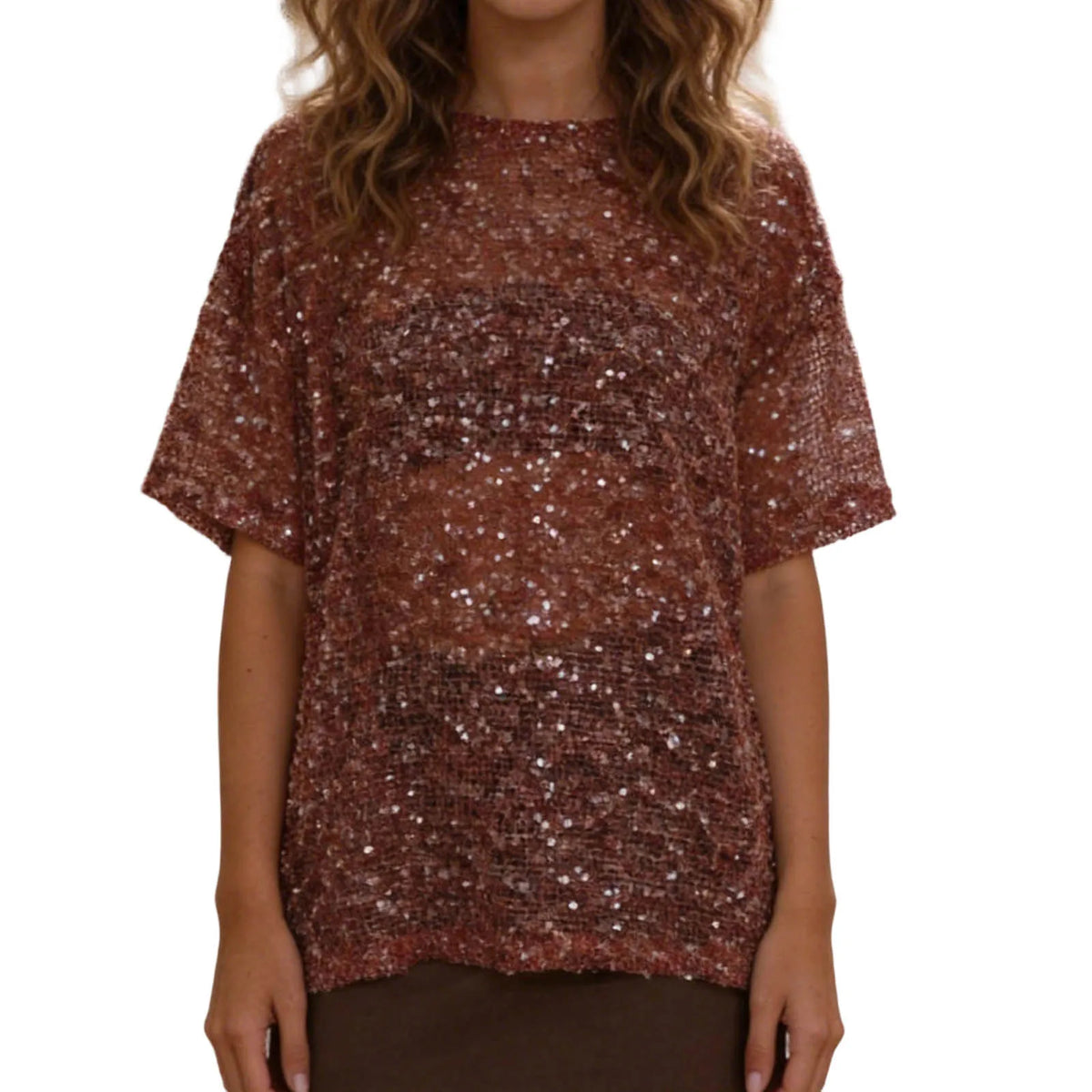 Brown Sequin Mesh Top