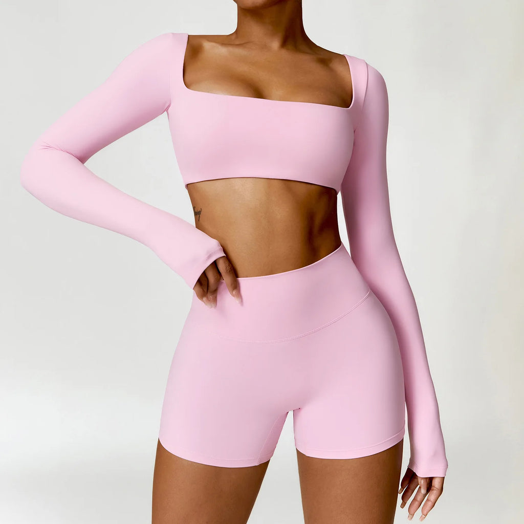 Nylon Solid Long Sleeve Two-Piece Yoga Set