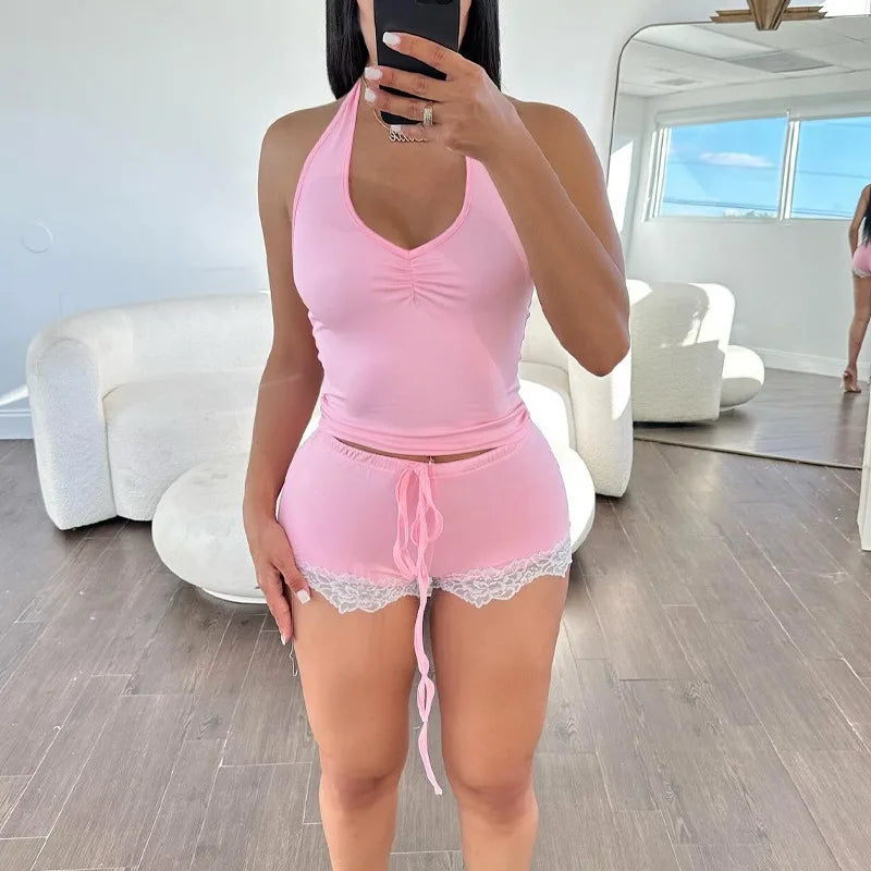 Drawstring Shorts Sleepwear Set