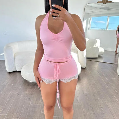 Drawstring Shorts Sleepwear Set