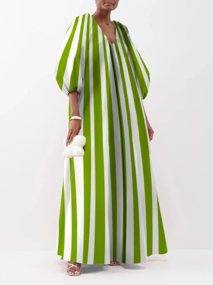 Striped Puff Sleeve Maxi Dress