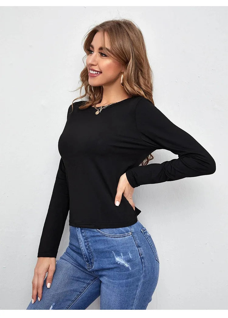 Broadcloth Solid Crew Neck Long Sleeve Top