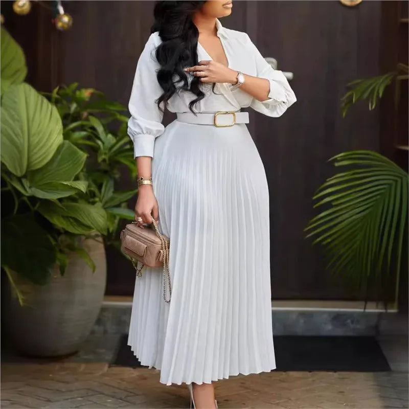 Autumn Pleated V-Neck Belt Midi Dress