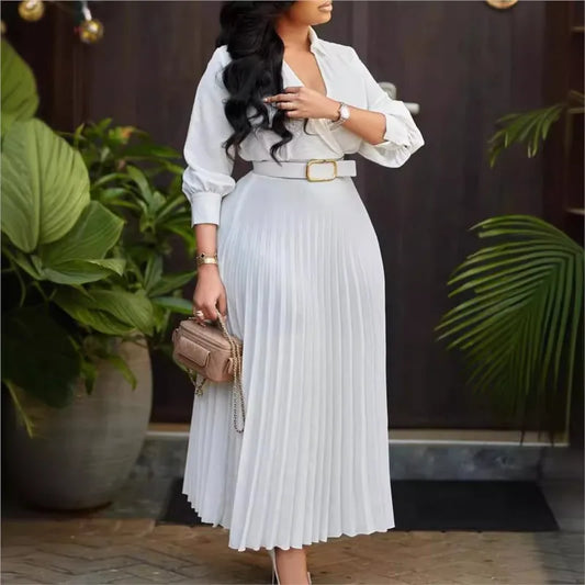 Autumn Pleated V-Neck Belt Midi Dress