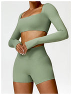 Nylon Solid Long Sleeve Two-Piece Yoga Set