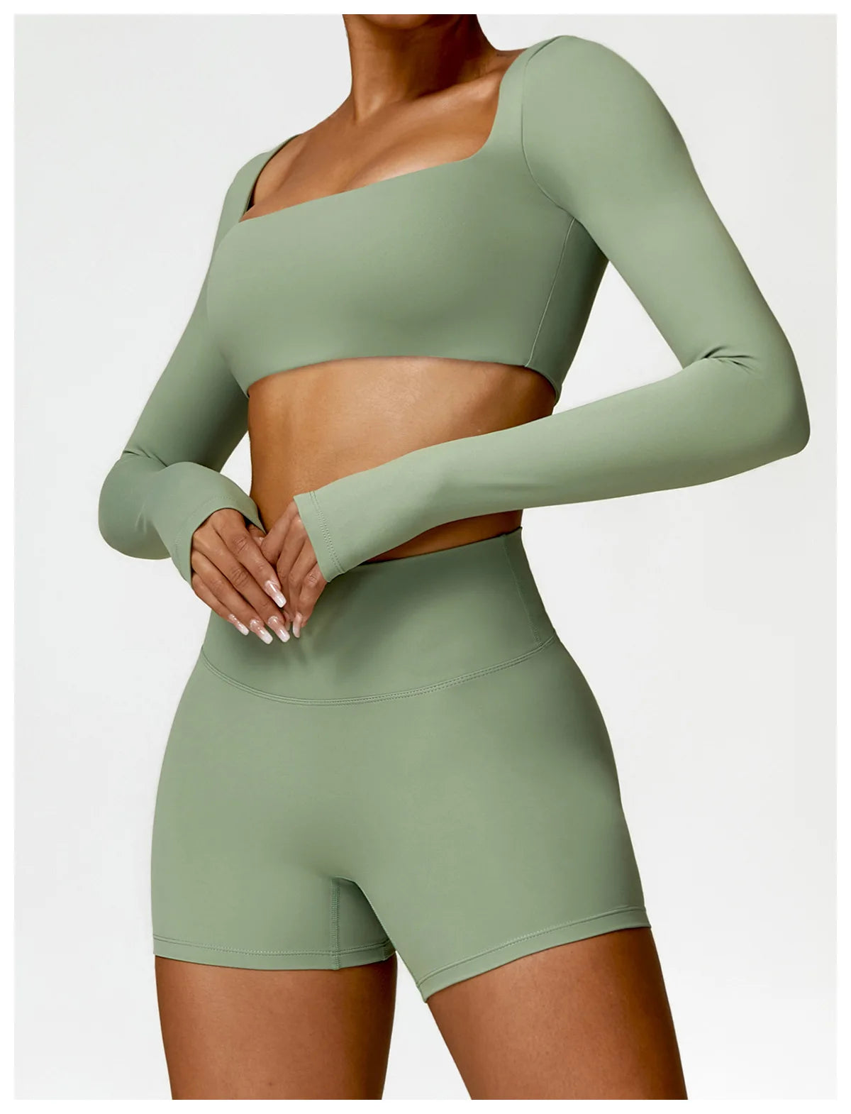 Nylon Solid Long Sleeve Two-Piece Yoga Set