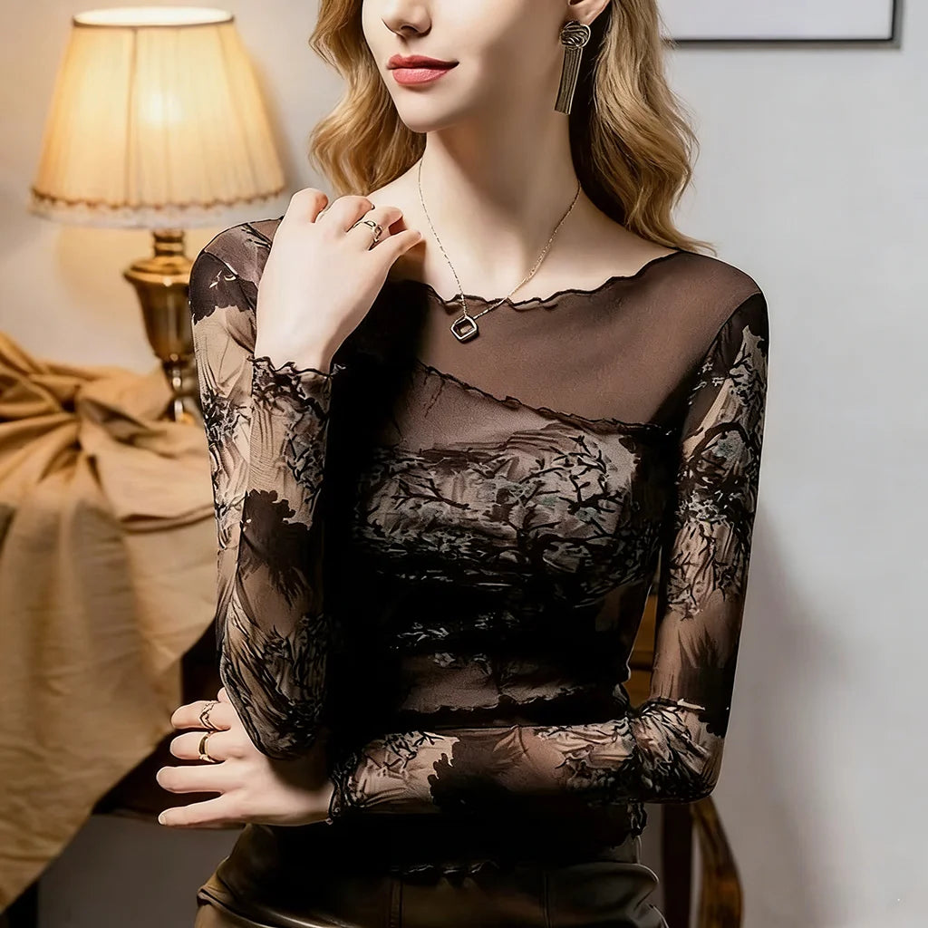 Landscape Print Long Sleeve Mesh Top