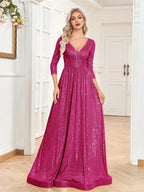 Long Sleeves Blue Sequins Formal Evening Dress