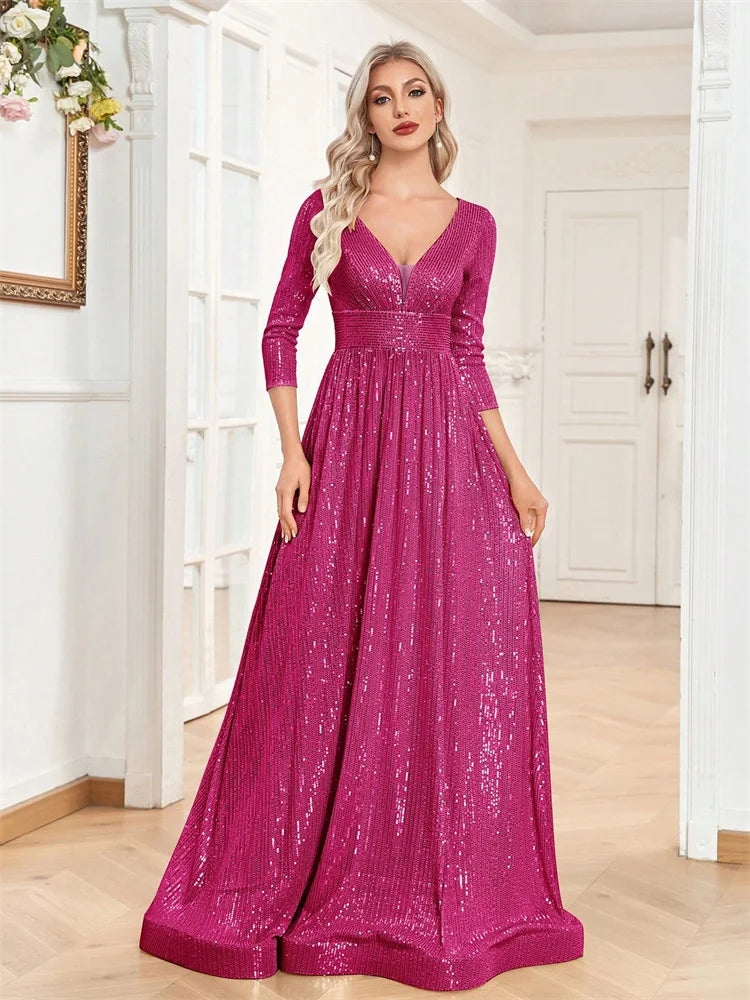 Long Sleeves Blue Sequins Formal Evening Dress