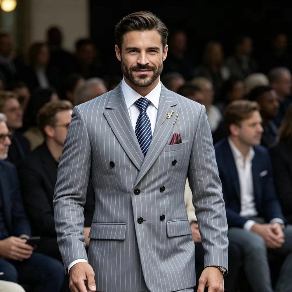 Pinstripe Double-Breasted Peak-Lapel Suit