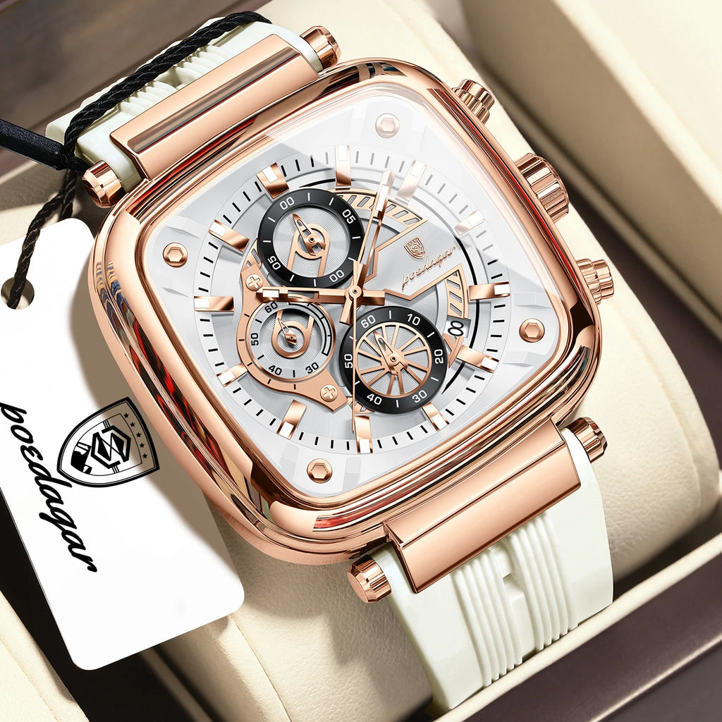 POEDAGAR Square Silicone Sport Watch