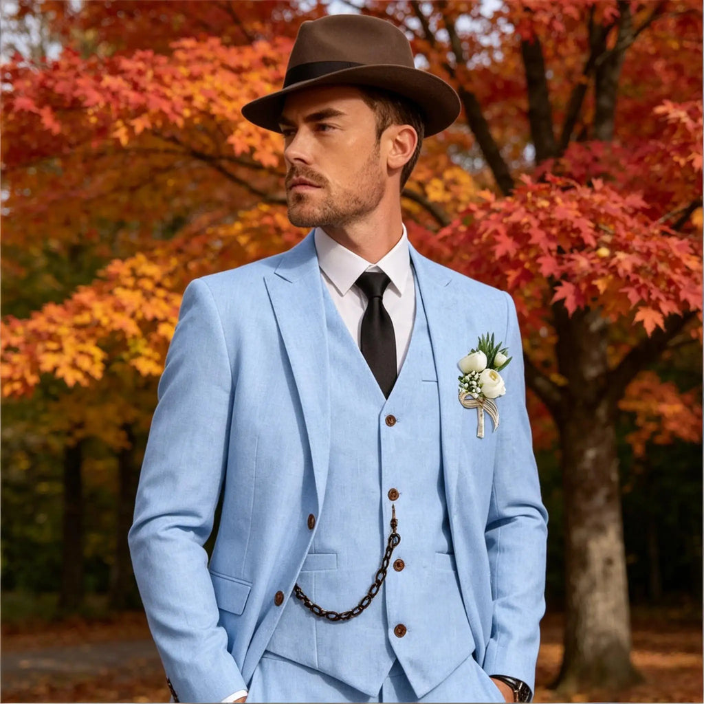Three-Piece Linen Notch-Lapel Suit