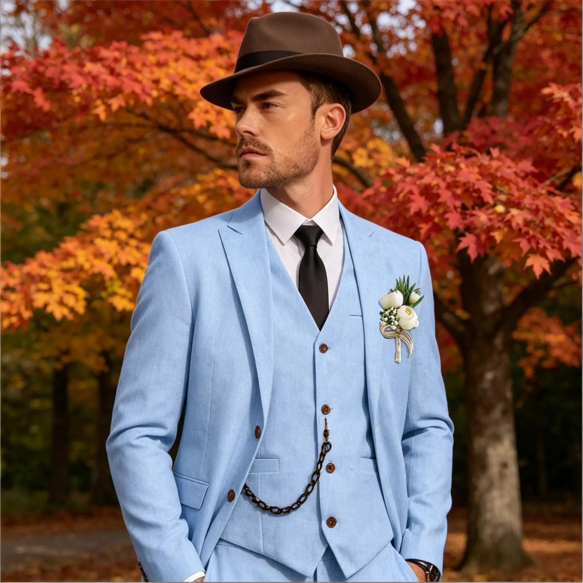 Three-Piece Linen Notch-Lapel Suit