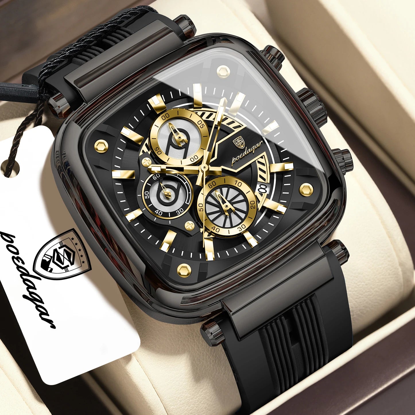 POEDAGAR Square Silicone Sport Watch