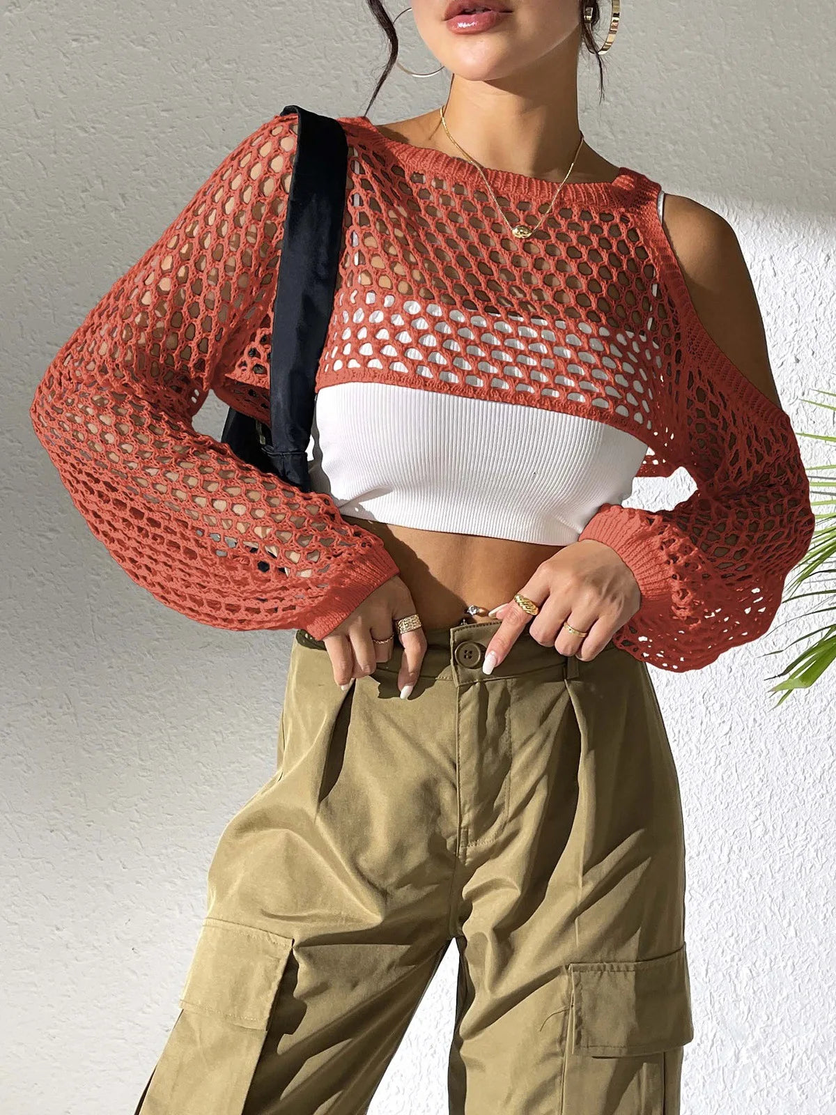Hollow-Out Cropped Sweater