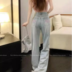 Bow-Embroidery Straight-Leg Jeans